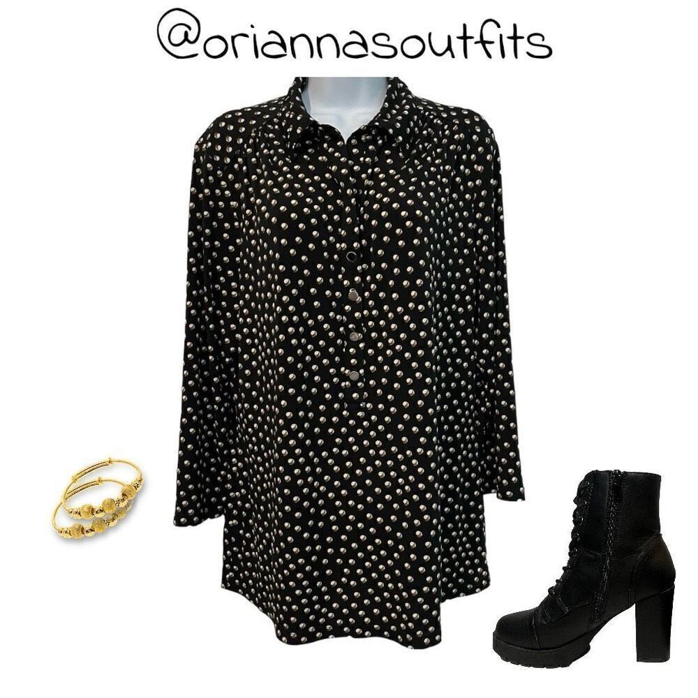 🔥4/$25 Alfani Gold Pearl Polka Dress Shirt Pleated Shoulder Black Size XL